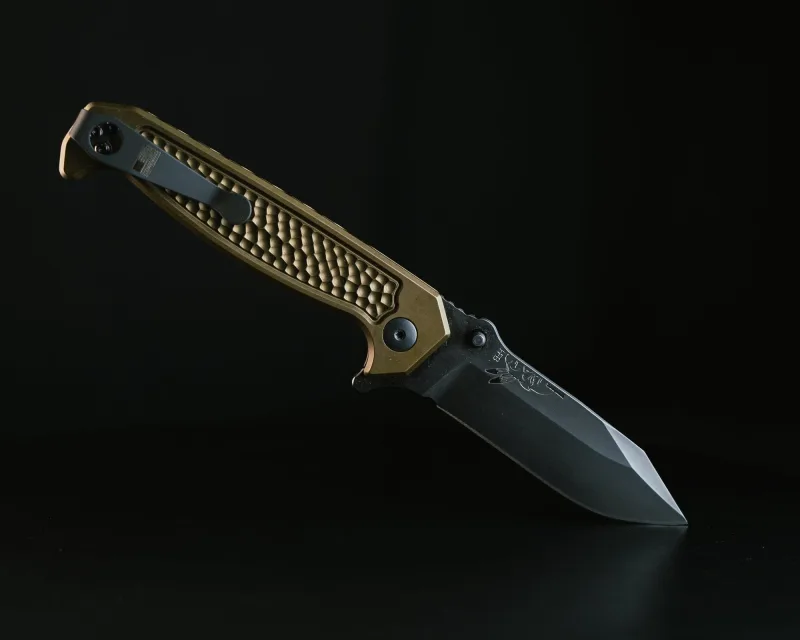 Disaster Folder- Anodized OD Green Handle, Nitride Black Blade, Dimpled Grip, Deep Carry Pocket Clip