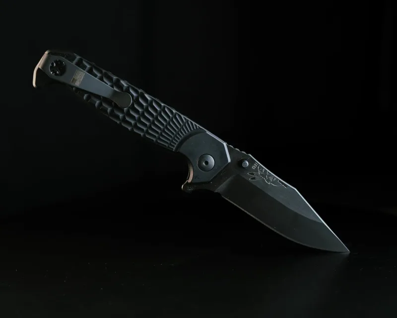 Crow Folder- Anodized Black Frame, Nitride Black Blade, Grenade Stippled Grip, Deep Carry Pocket Clip